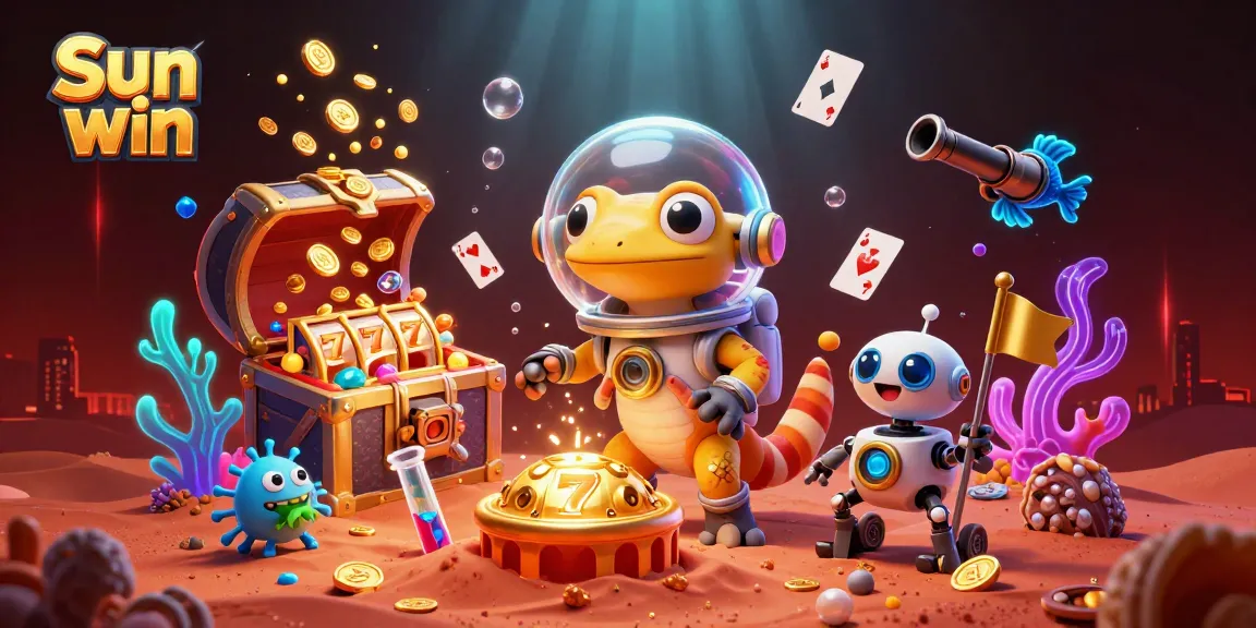 Engage in thrilling gaming at Sun win, with a vibrant illustration highlighting a Martian gecko and casino treasures.