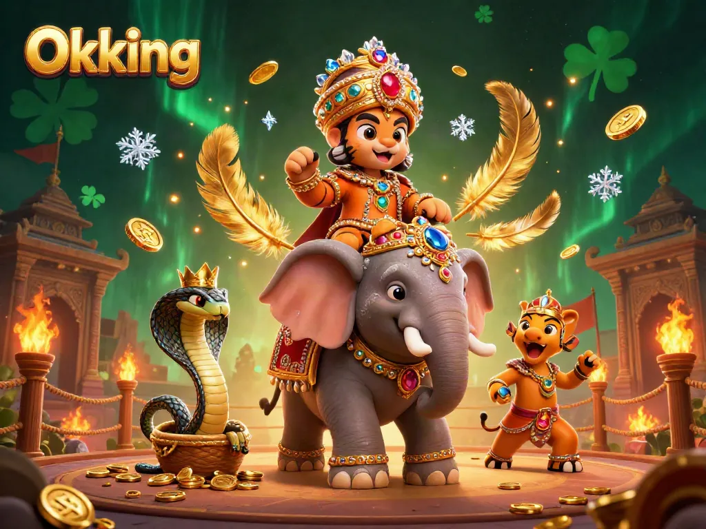 Experience thrilling gaming at Okking with a vibrant carnival of colorful casino elements and characters.