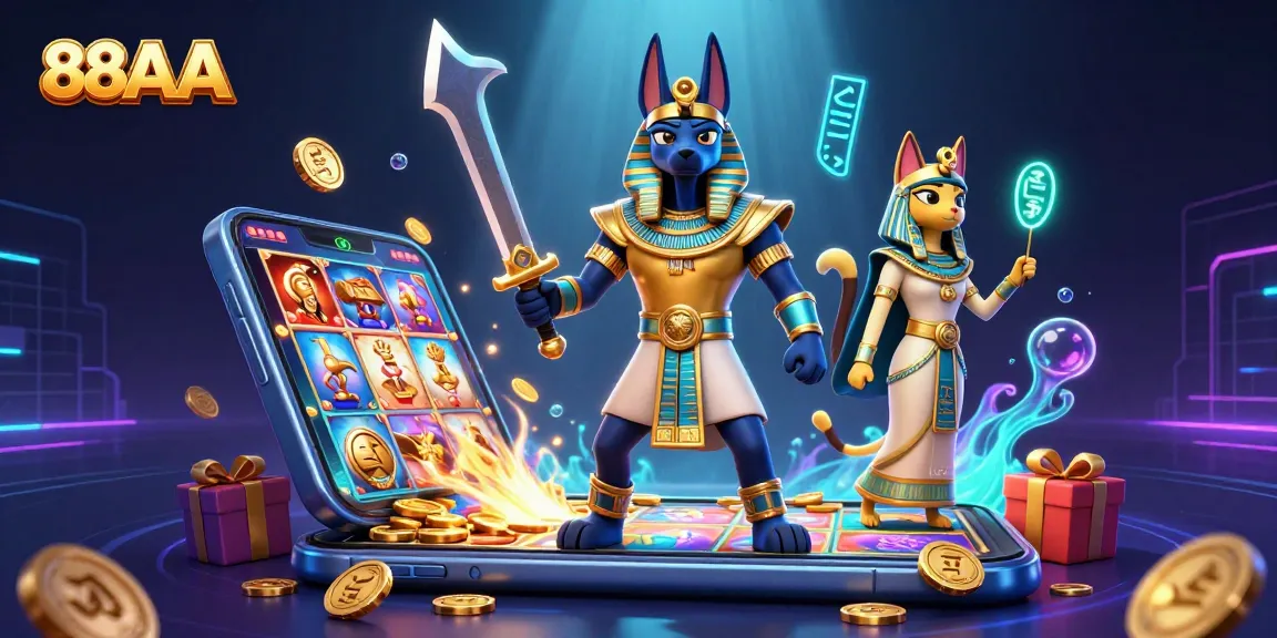 Experience the vibrant 88AA scene featuring a lively Egyptian-themed casino with Anubis and slot games.