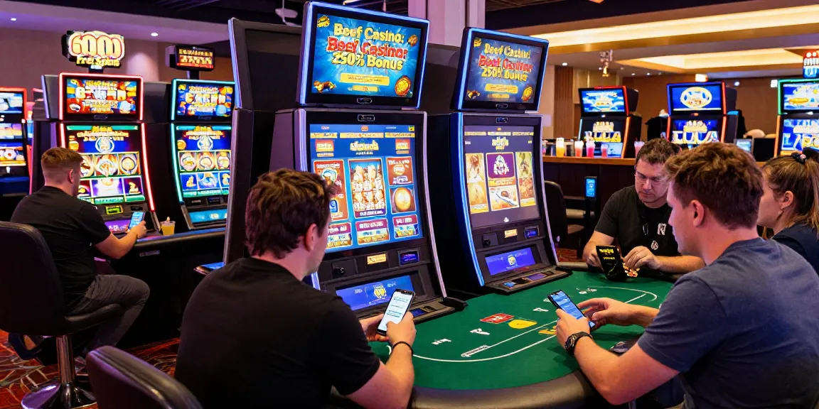 Beef Casino mit Spielern an Spielautomaten und Pokertischen, aufregende Atmosphäre mit bunten Lichtern und Aktionen.