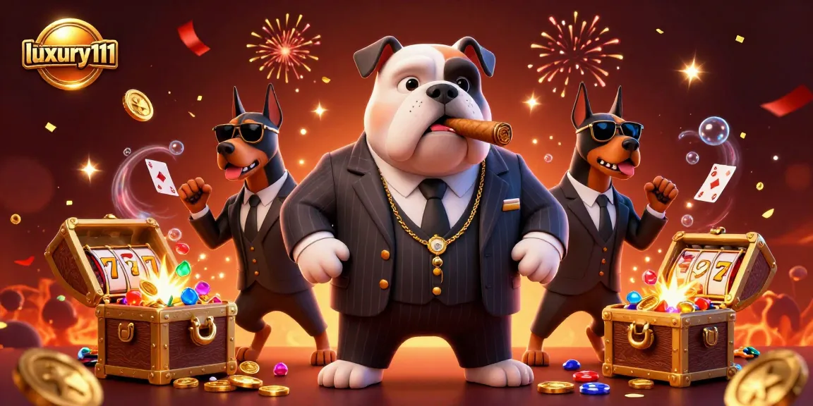 luxury111 showcases a dynamic casino scene with a mafia boss bulldog and Dobermans, celebrating wins amidst colorful elements.
