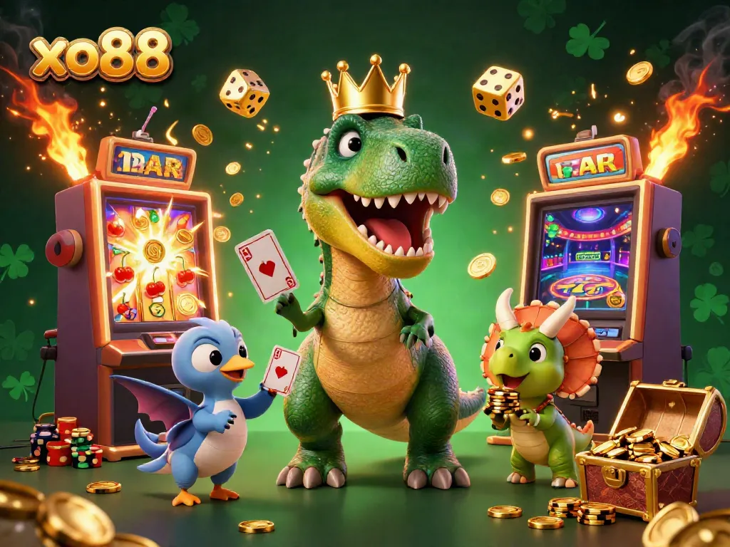 Experience the excitement of xo88 with a T-Rex shuffling cards, surrounded by vibrant casino elements.
