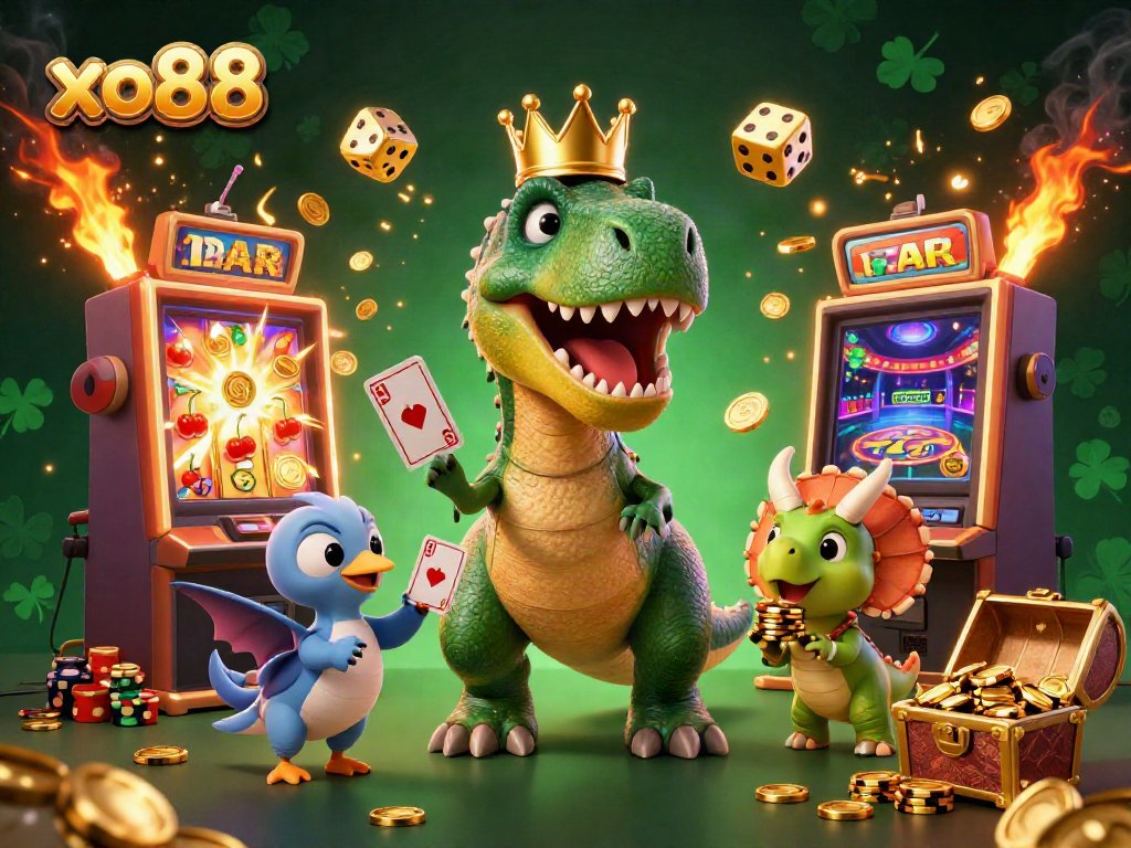 Experience the excitement of xo88 with a T-Rex shuffling cards, surrounded by vibrant casino elements.