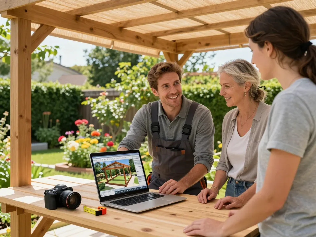 Professioneller Installateur nutzt Software für Pergola-Installateure, um maßgeschneiderte Gartendesigns in Echtzeit zu erstellen.