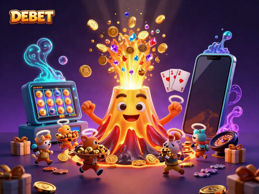 Experience the energetic world of DEBET with a golden volcano erupting treasures in a vibrant casino scene.