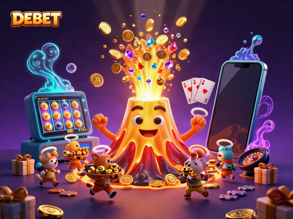Experience the energetic world of DEBET with a golden volcano erupting treasures in a vibrant casino scene.