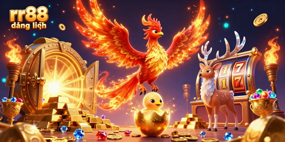 Join the action at rr88 đăng nhập with an enchanting casino scene showcasing a celestial phoenix and treasures.