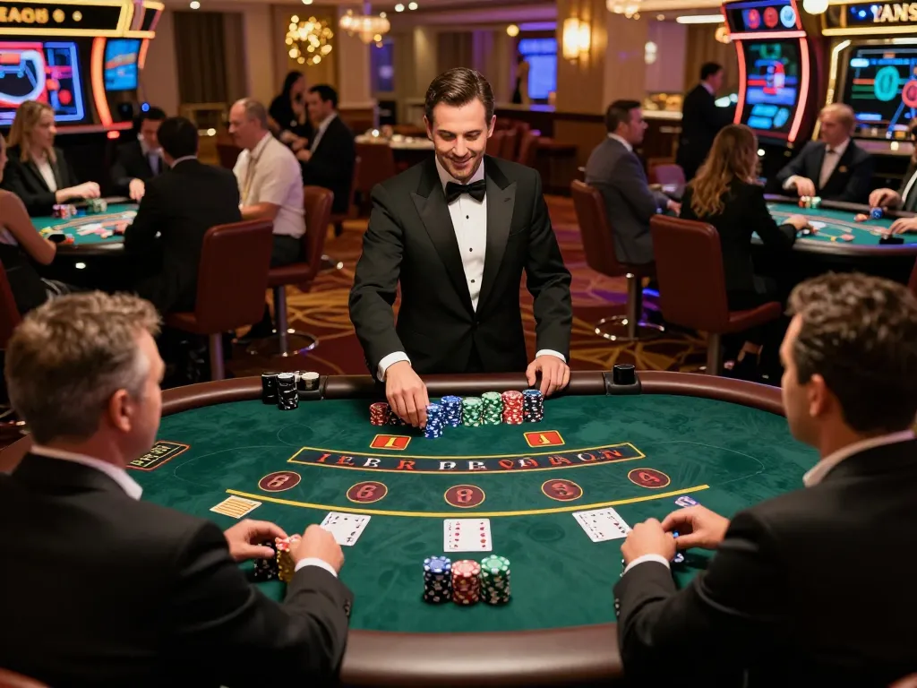Các người chơi LUCK8 đang chiến lược tại bàn blackjack, thể hiện lối chơi thắng lợi và sự phấn khích.