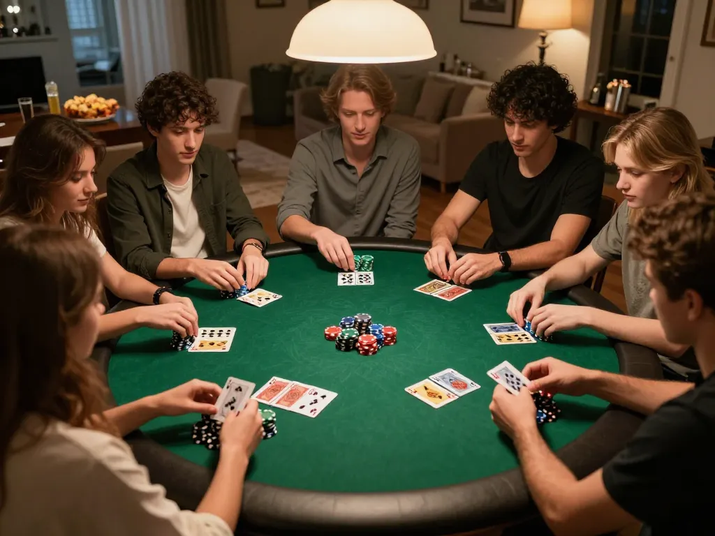 Friends enjoy a thrilling poker game night at home with sunwin excitement, showcasing cards and chips.