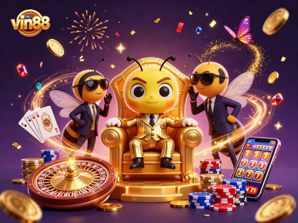 Experience the excitement of vin88 with vibrant casino elements in a lively 3D illustration.