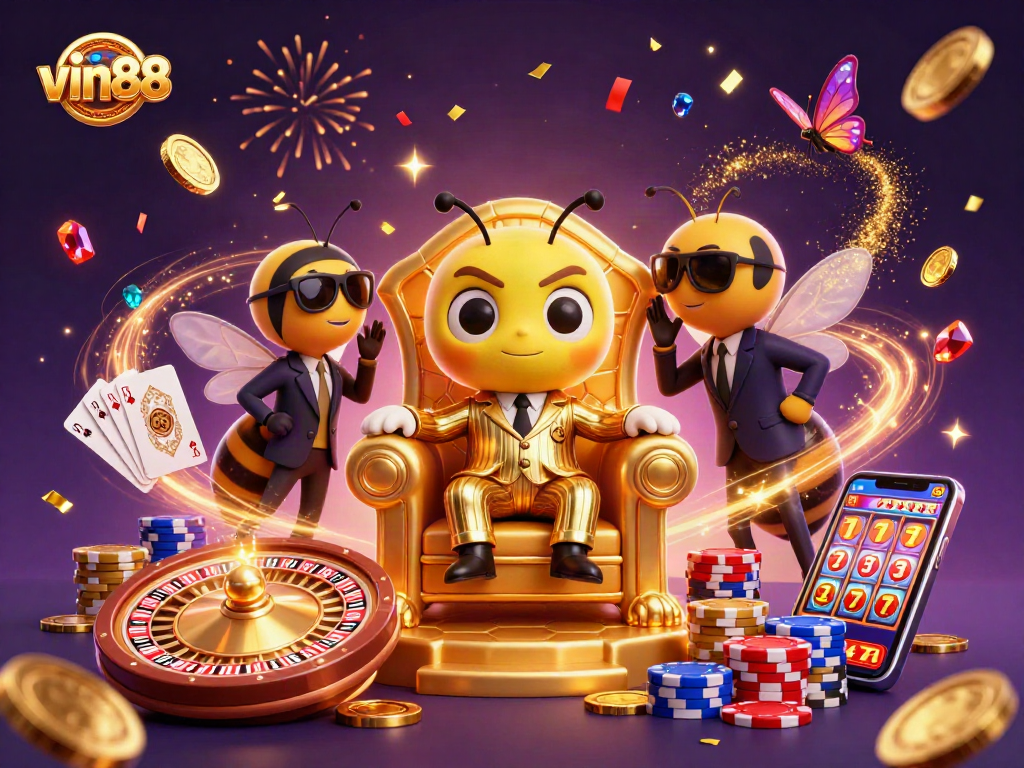 Experience the excitement of vin88 with vibrant casino elements in a lively 3D illustration.