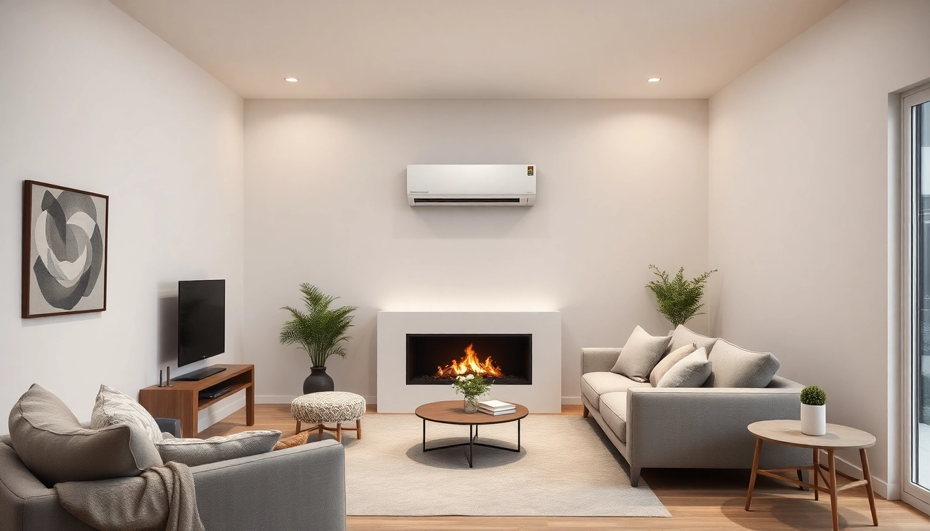 Klima kaufen: Hochwertige Split-Klimaanlage in stilvollem Wohnzimmer mit warmem Licht.