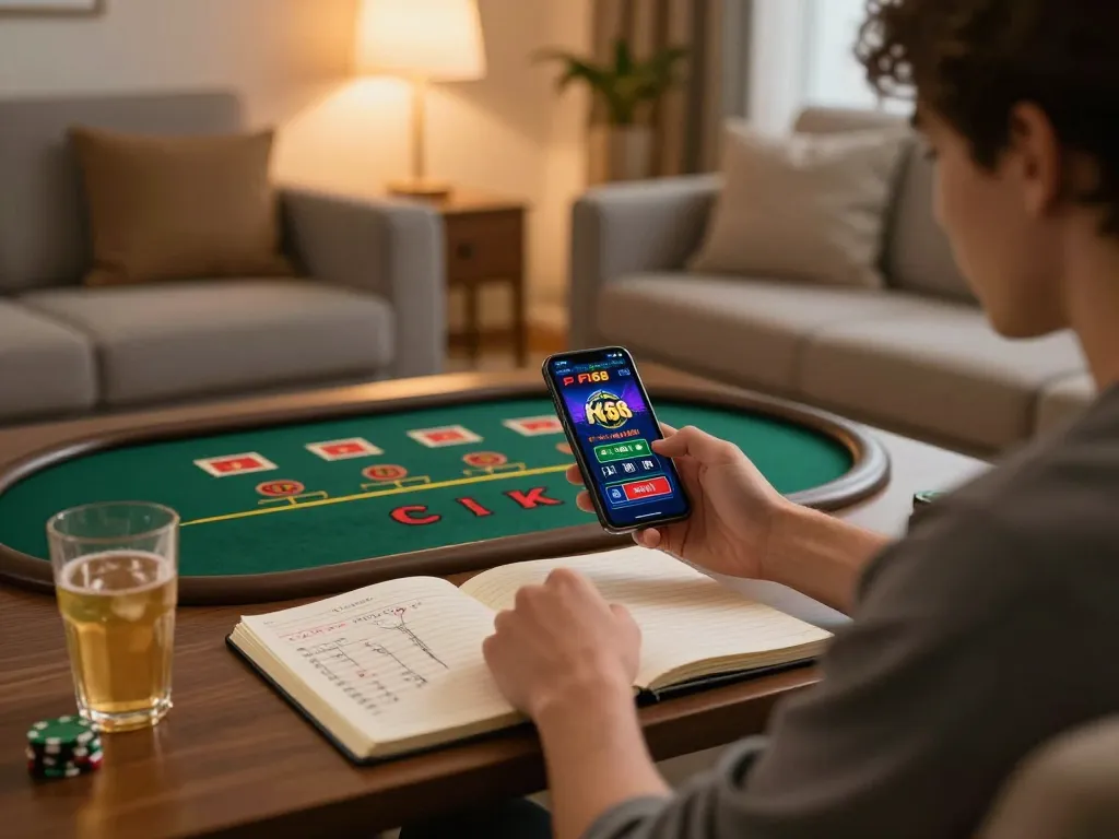 Engaging online gambling experience with F168 app on smartphone in cozy home setting.