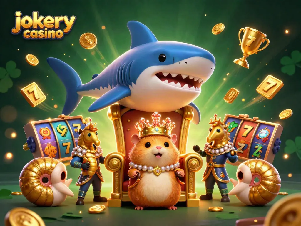 Experience the thrill of jokery casino with a dynamic scene of a golden hamster king and sparkling slot elements.