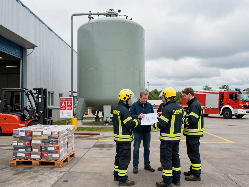 Löschwasser für Logistikzentren - Brandschutzinspektion am Wassertank des Logistikzentrums mit Fachleuten, die Sicherheitsmaßnahmen besprechen.