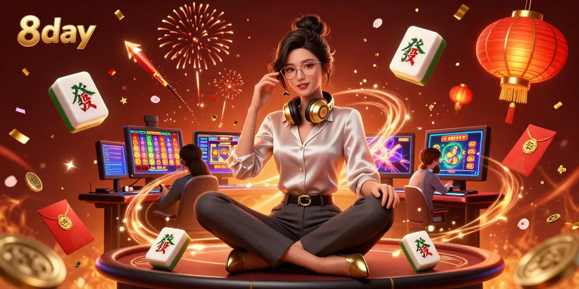 Experience thrilling slot wins at 8day with a stylish gamer in a vibrant casino setup.