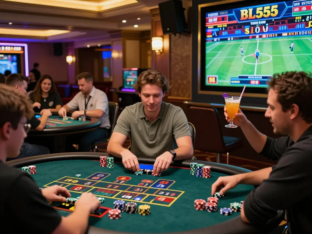 Players enjoying thrilling games at BL555's vibrant online casino atmosphere, celebrating wins together.