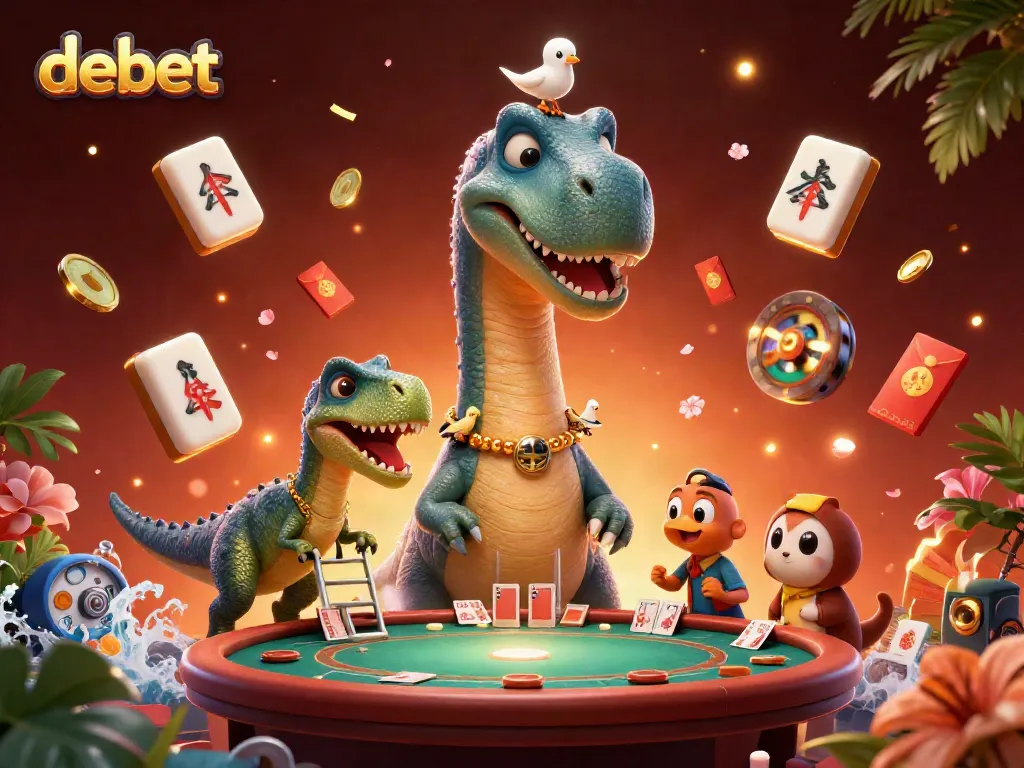 Experience exciting gaming action at debet casino with a whimsical scene featuring a towering brontosaurus and a clever raptor dealing cards.