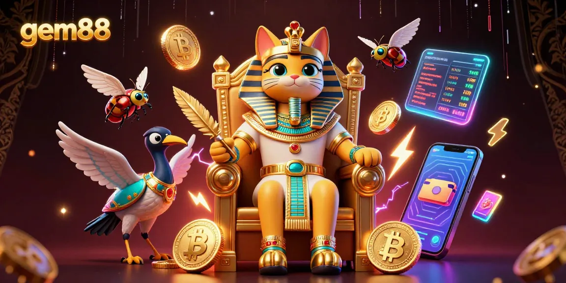 Experience thrilling gaming at gem88 with vibrant 3D casino illustrations featuring unique Egyptian characters.
