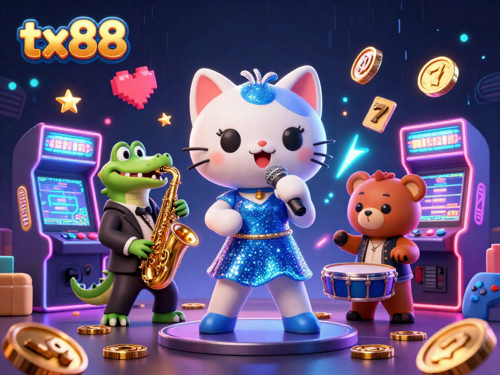 Experience vibrant slots with tx88 at this lively 3D casino scene featuring animated characters.