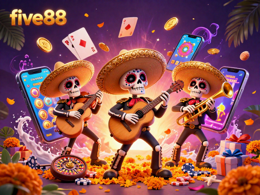 Experience vibrant gaming with five88's dynamic slot games and thrilling 3D mariachis in a festive casino scene.