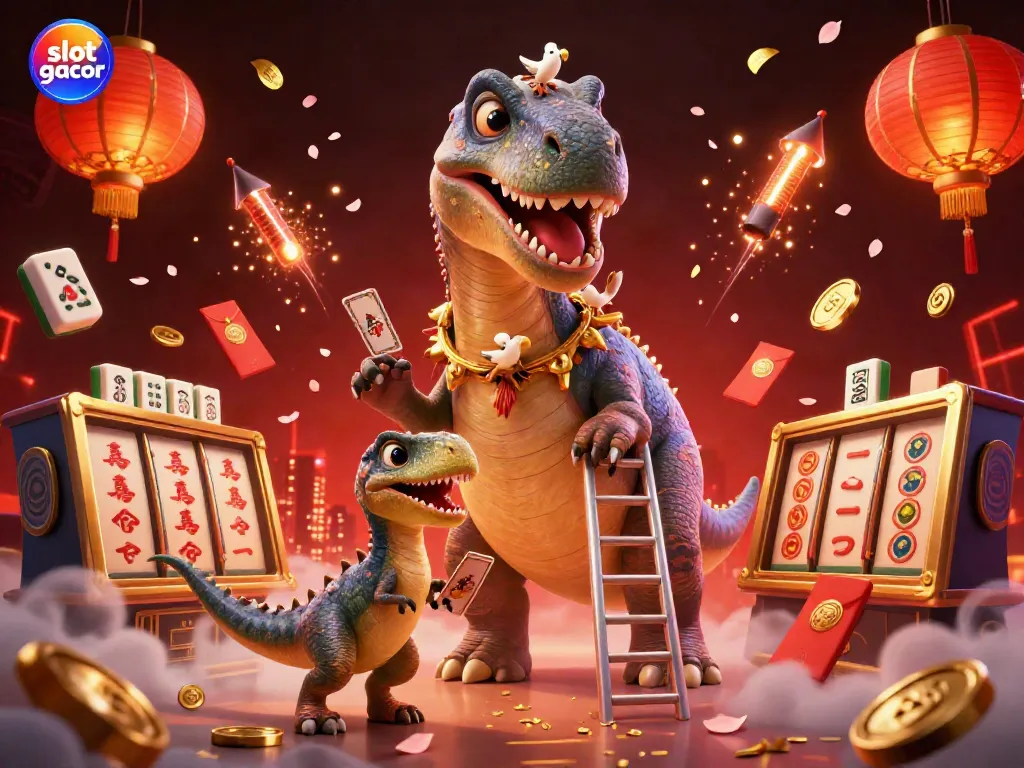 Experience the excitement of slot gacor in this vibrant 3D casino scene featuring interactive cartoon dinosaurs.