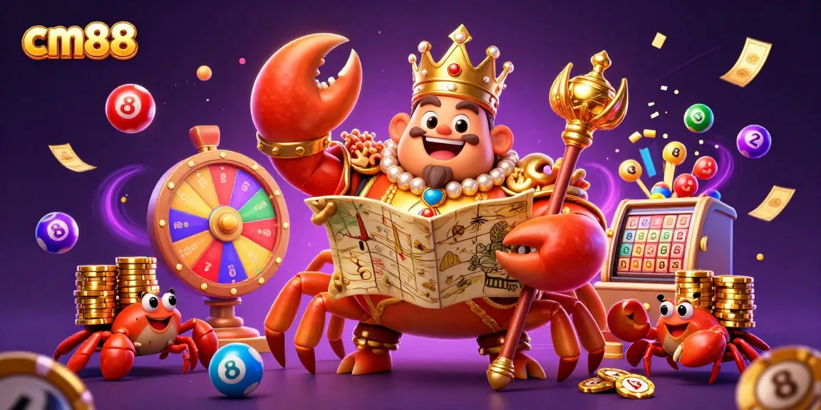 Engage with cm88 and win exciting games with vibrant lottery balls and golden prizes flying in a dynamic casino scene.