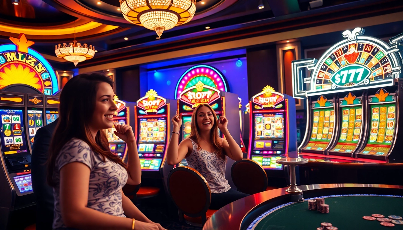 Engaged players enjoying Slot777 slot machines in a vibrant casino setting with roulette and poker tables.