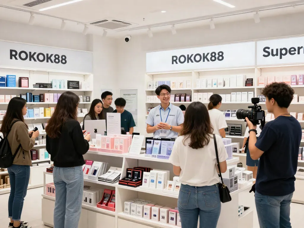 Engaging retail scene showcasing ROKOK88 super products with shoppers and a friendly salesperson.