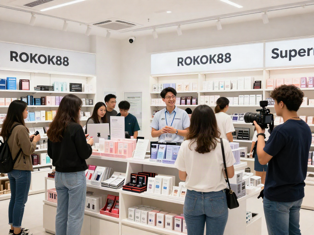 Engaging retail scene showcasing ROKOK88 super products with shoppers and a friendly salesperson.