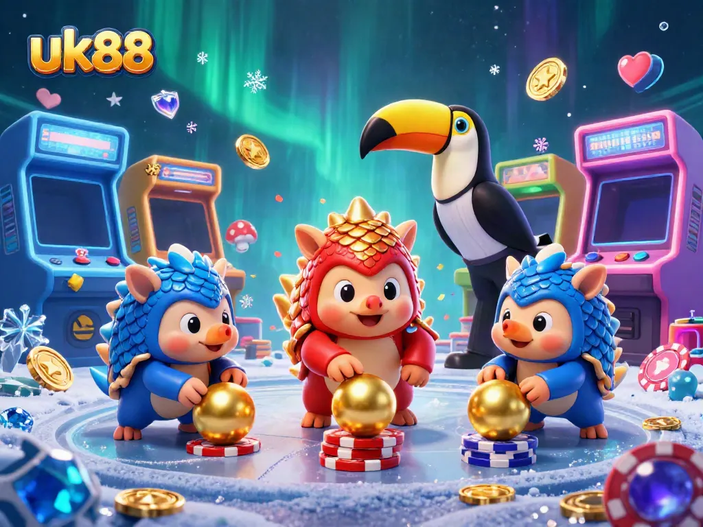 uk88 pangolins bowling through poker chips in a vibrant casino environment