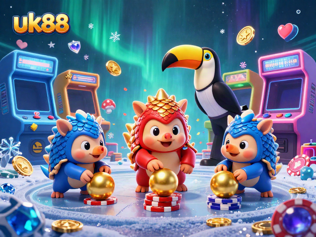 uk88 pangolins bowling through poker chips in a vibrant casino environment