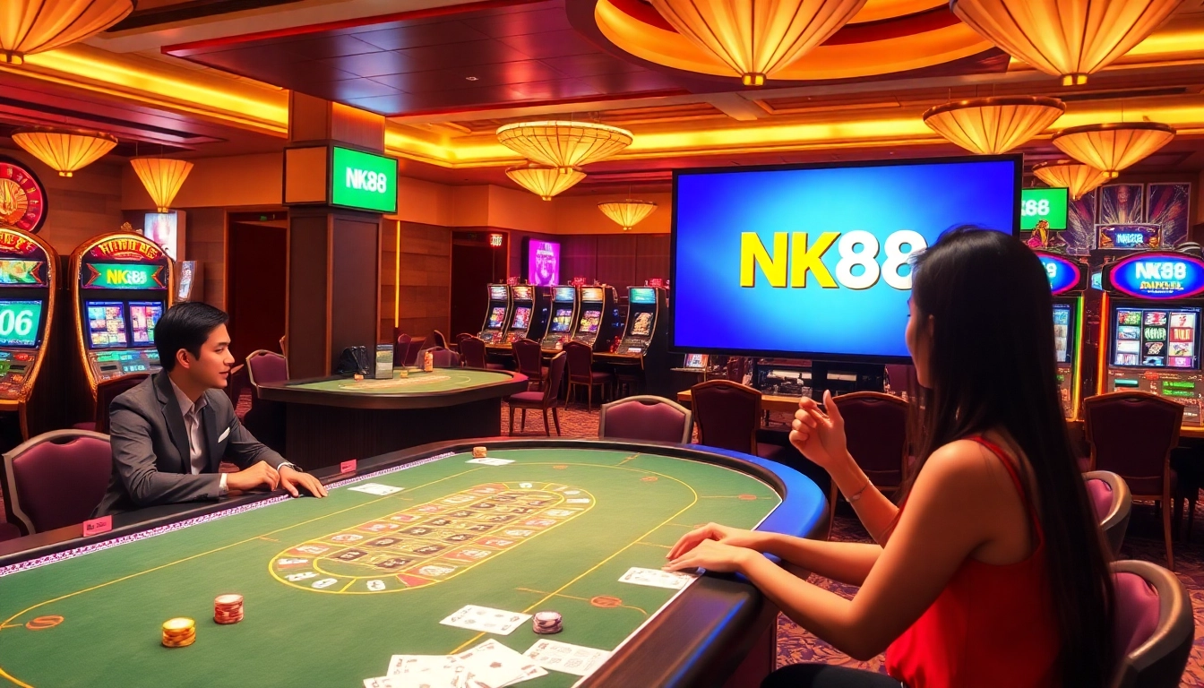 Gamblers enjoying a luxurious NK88 online casino experience with vibrant tables and dynamic games.
