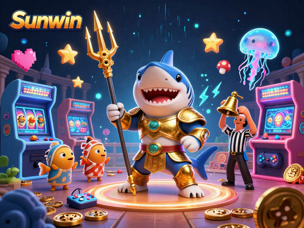 Spin the reels at Sunwin with our 3D illustrated tiger shark in a vibrant casino setting!