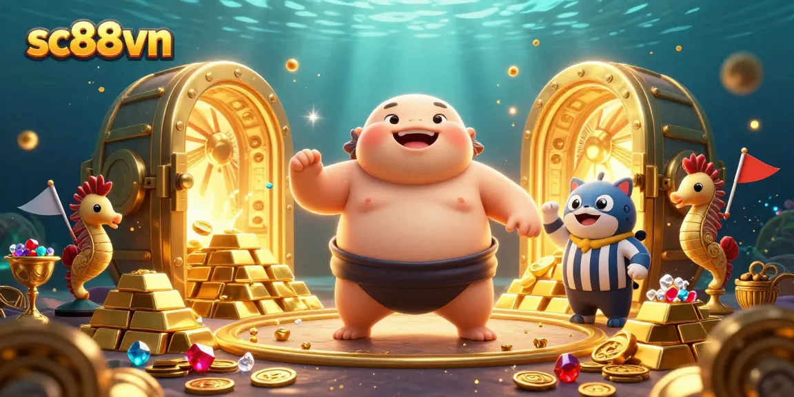 Engage with the vibrant underwater world of sc88vn, where a huge fugu competes amidst treasure and lively spectators.