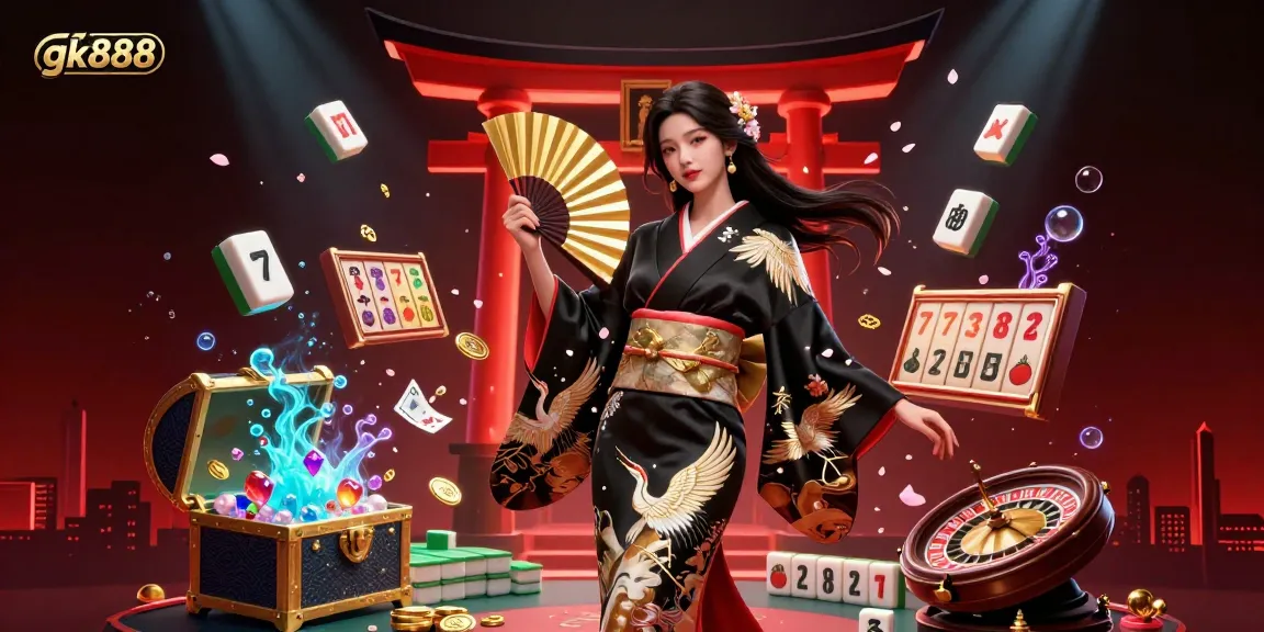 Engage with gk888 in a vibrant casino scene featuring dynamic slot reels, gold coins, and an elegant Asian woman.