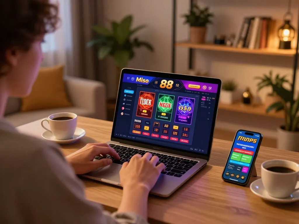 Miso 88 online gaming experience, featuring a player engaged with a laptop and smartphone in a cozy home setting.