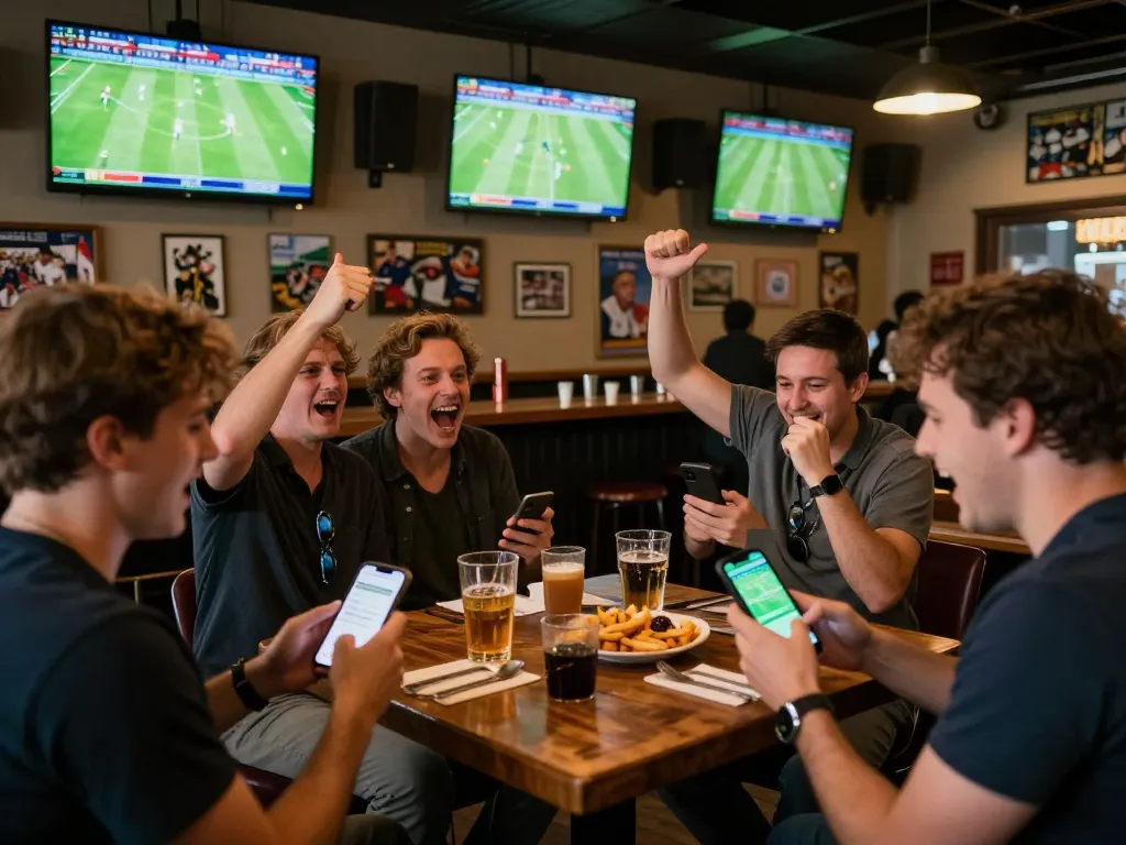 Engaged fans celebrating ผลการแข่งขันฟุตบอล while placing bets during a live match in a festive sports bar