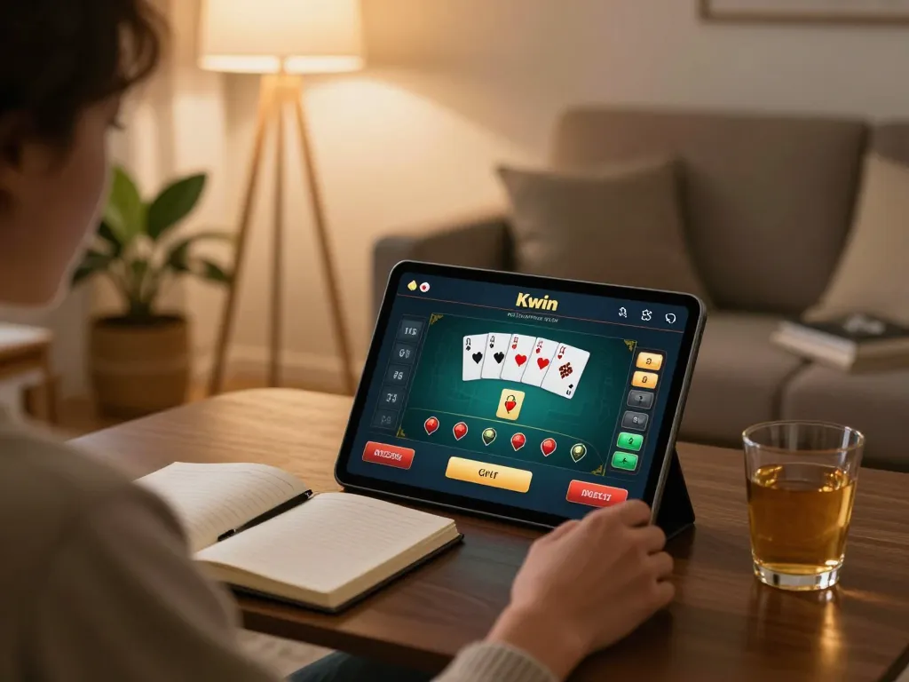 Kwin app interface displayed on a tablet as a player engages in online gambling at home, creating a cozy gaming atmosphere.