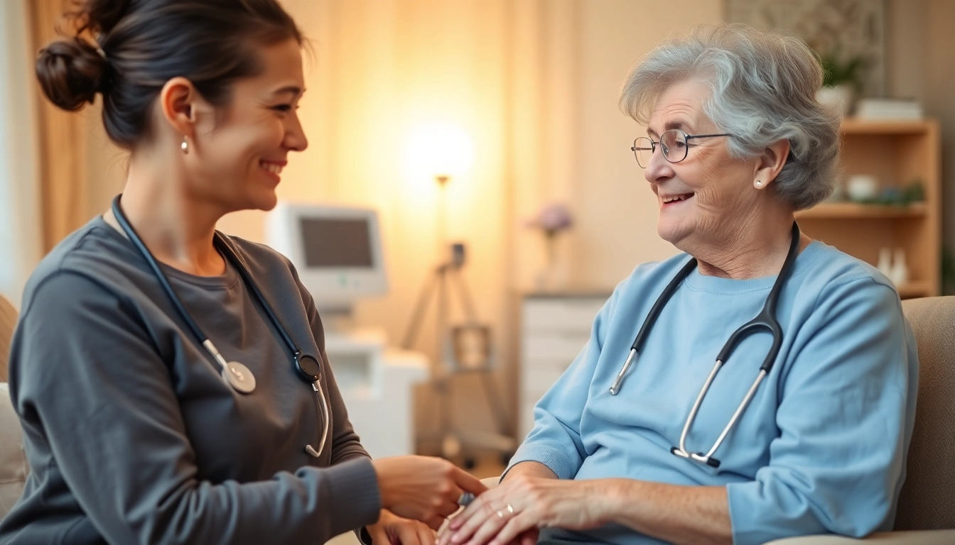 Healthcare professional providing caring assistance with ambulanter pflegedienst troisdorf to an elderly patient in a warm home environment.