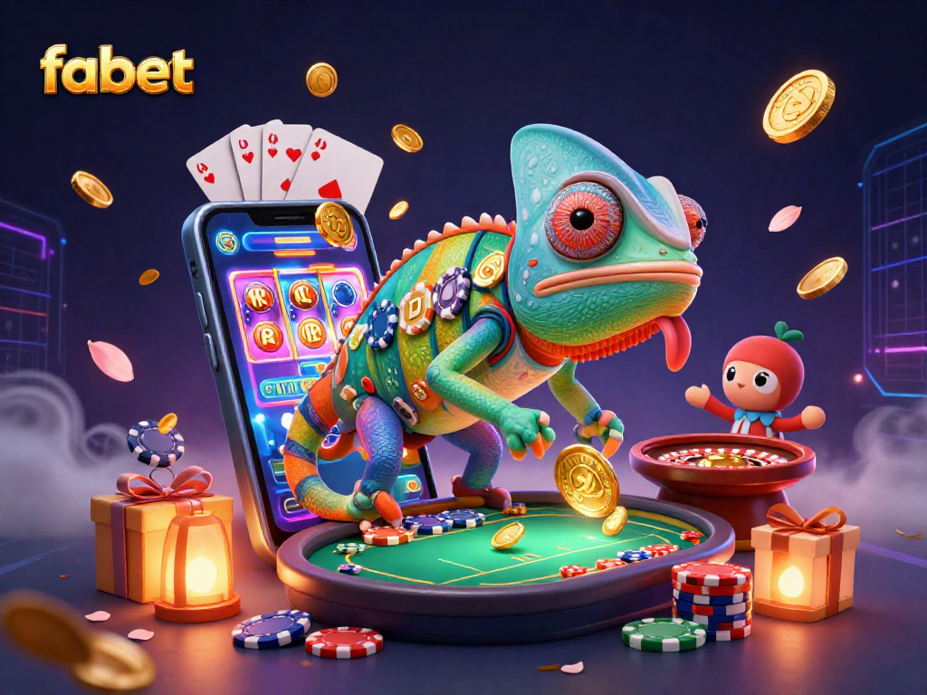 Engage with fabet's thrilling gaming experience, featuring a vibrant chameleon casino owner and dynamic slot games.