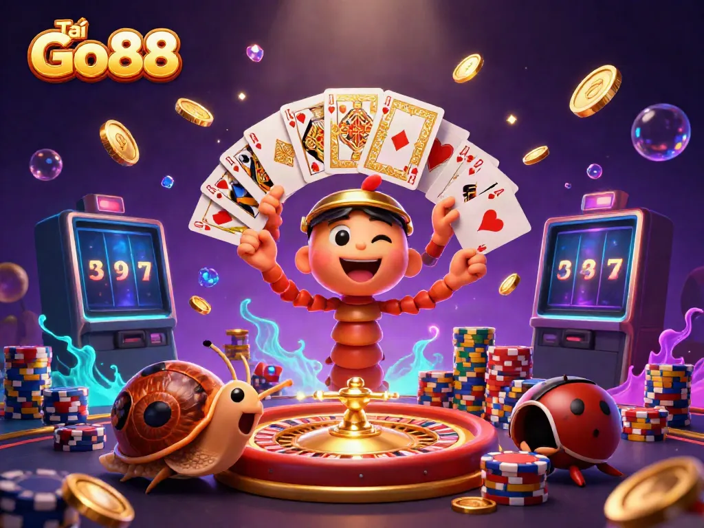 Tải Go88: Engaging cartoon scene with vibrant casino elements and lively characters.