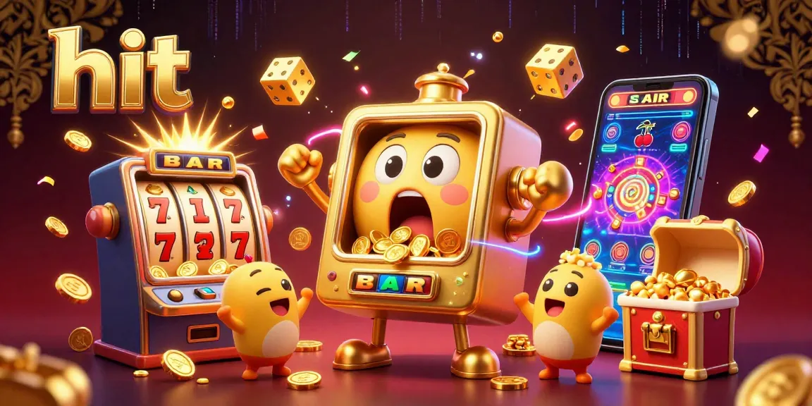 Hit the jackpot with a golden slot machine illustration surrounded by coins and festive elements.
