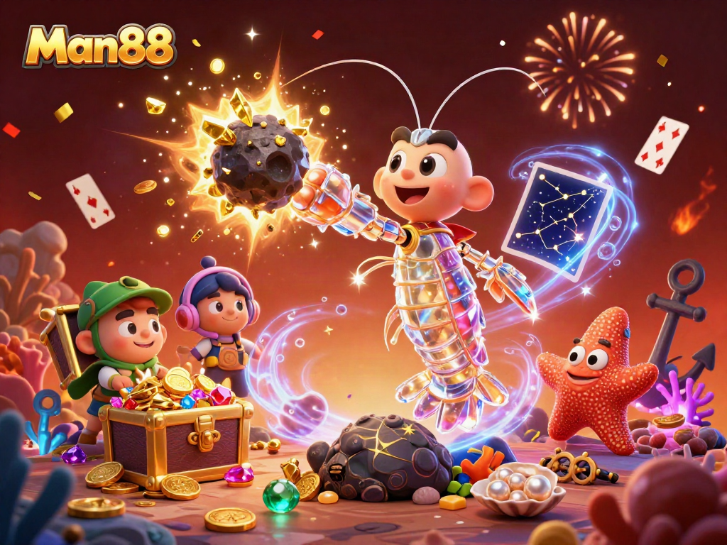 Engage in thrilling gameplay at Man88 with vibrant casino-themed characters in an explosive underwater adventure.