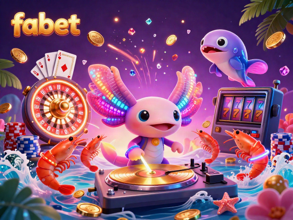 Engaging scene featuring the fabet-themed axolotl DJ with shrimp dancers, golden coins, and roulette wheel.