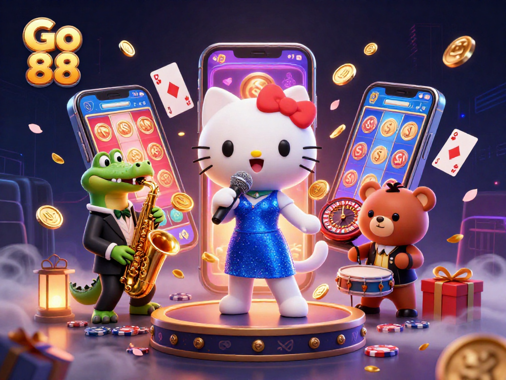 Engage with Go 88's vibrant online slots, featuring a jazz-singing cat and dynamic casino characters.