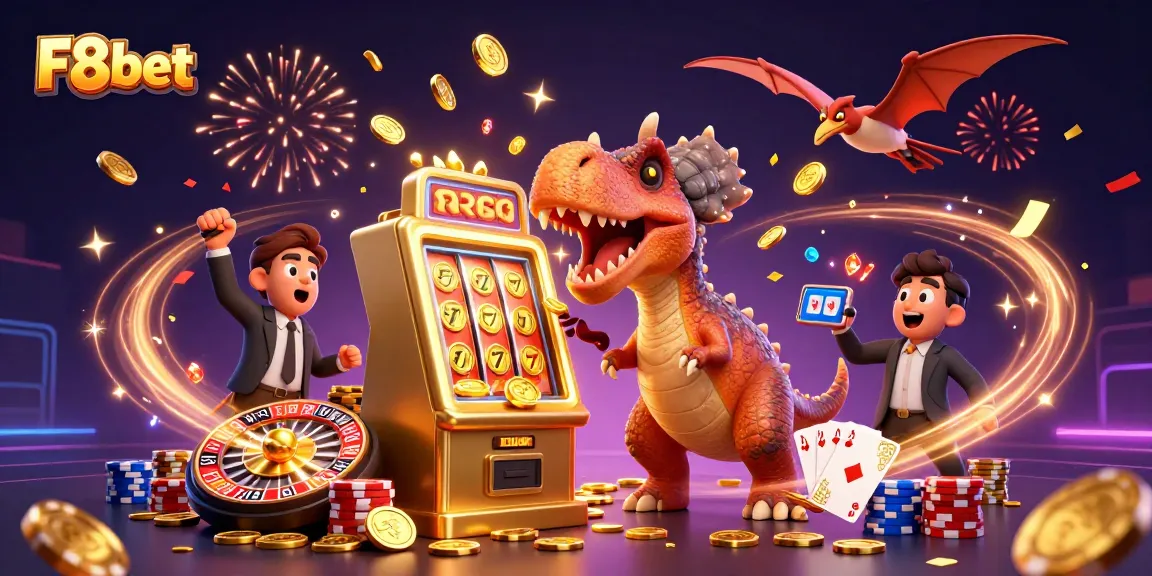 F8bet invites excitement with a cartoon dinosaur hitting a slot machine for jackpot wins.