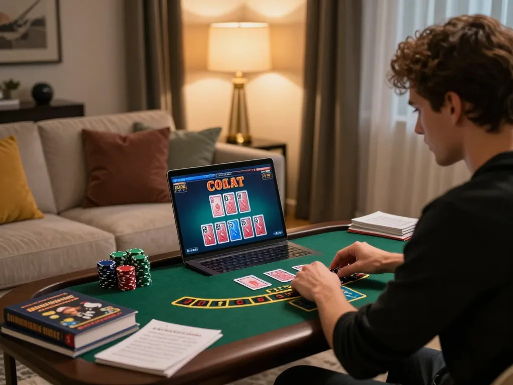 Player engaging in live dealer blackjack on laptop at home, reflecting cm88's online gaming experience
