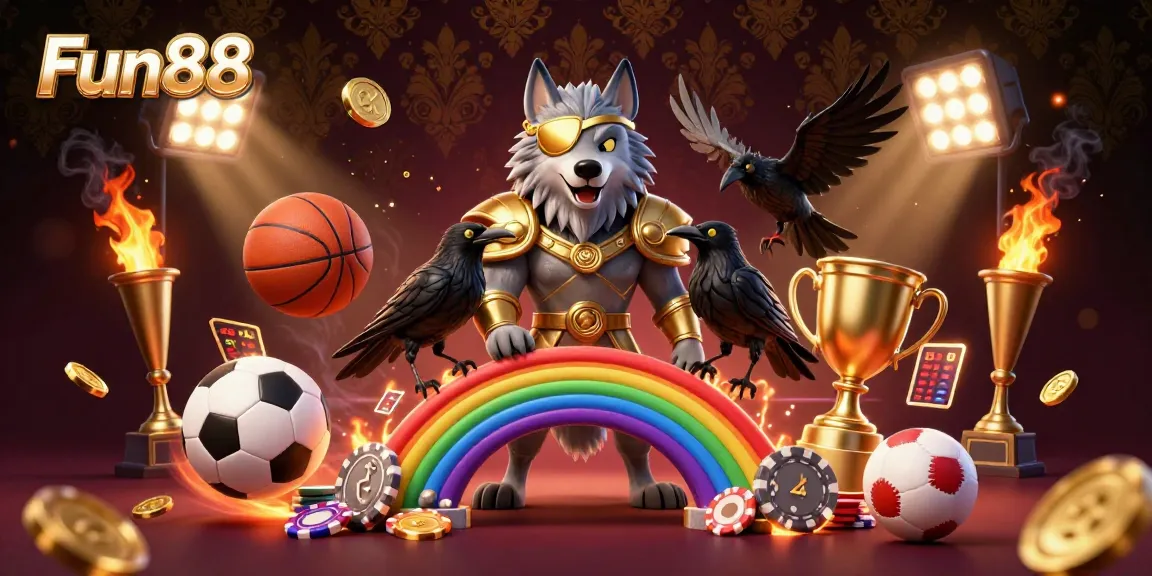 Engage in the thrilling atmosphere of Fun88 with Odin and ravens surrounded by dynamic sports elements and casino chips.