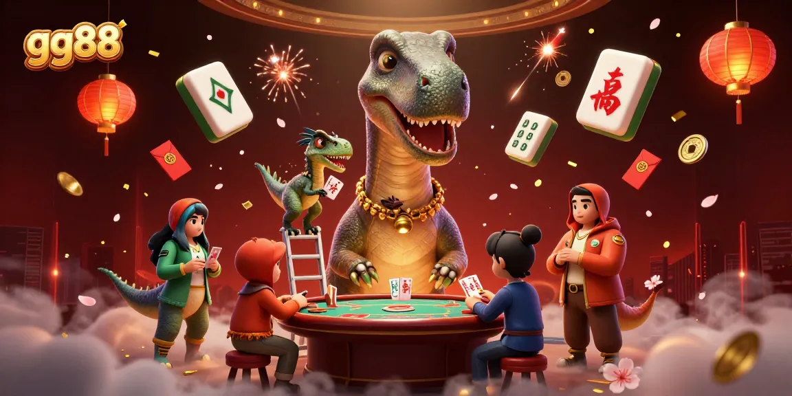 Experience the excitement of gg88 casino with an animated scene featuring a towering dinosaur and delightful game elements.